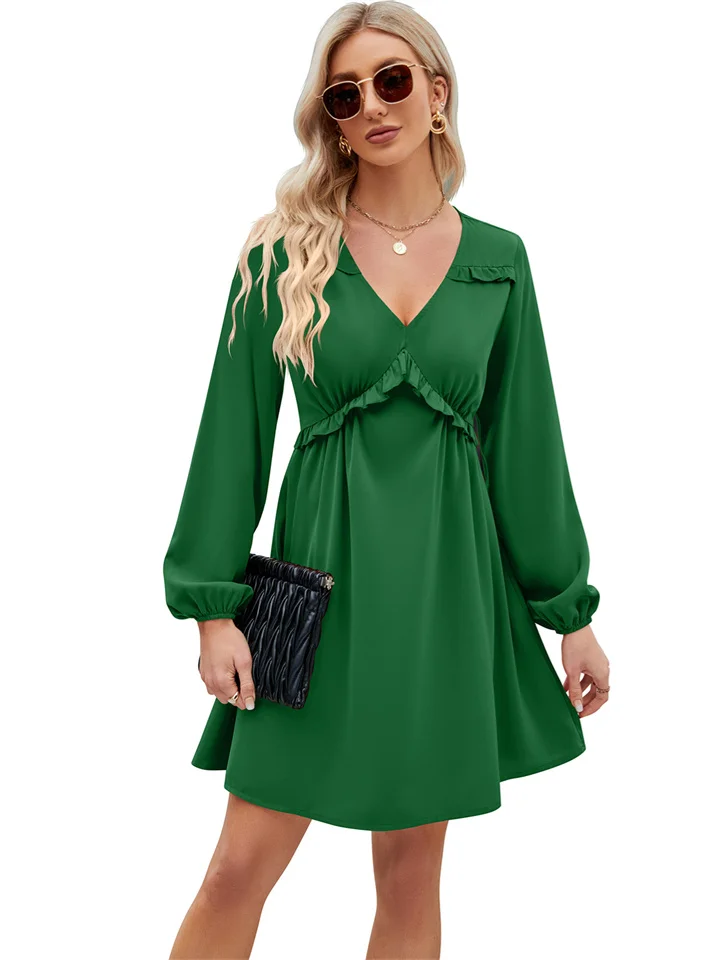 Solid Color Women's Lace-up Spring and Autumn New High-waisted V-neck Short Dress Casual Pleated Long-sleeved Dress