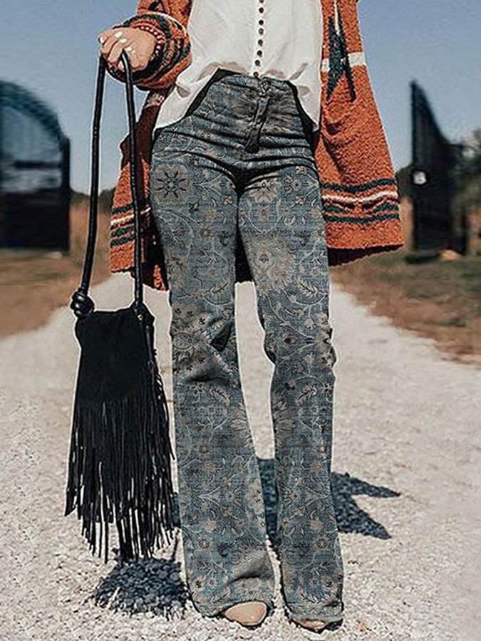 Casual Vintage Print Trousers