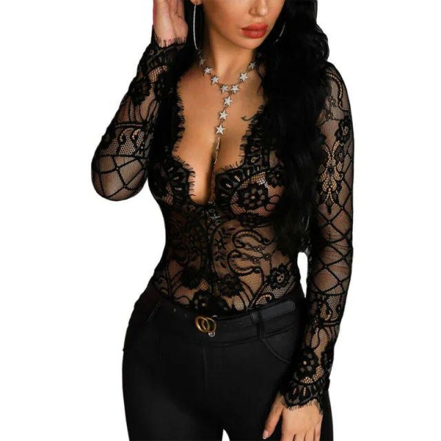 Ladies Floral Embroidery Deep V Neck Slim Bodysuit