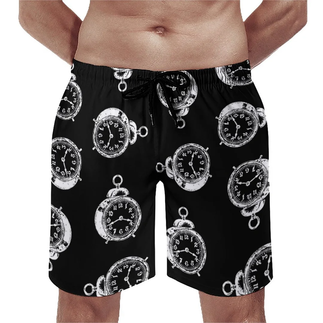 Black And White Antique Alarm Clock Print Men's Swim Trunks Summer Board Shorts Quick Dry Beach Short with Pockets