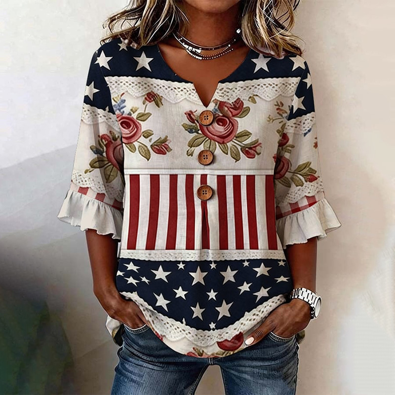 Comstylish Women's Independence Day Flag Floral Print Short-sleeve Casual Top