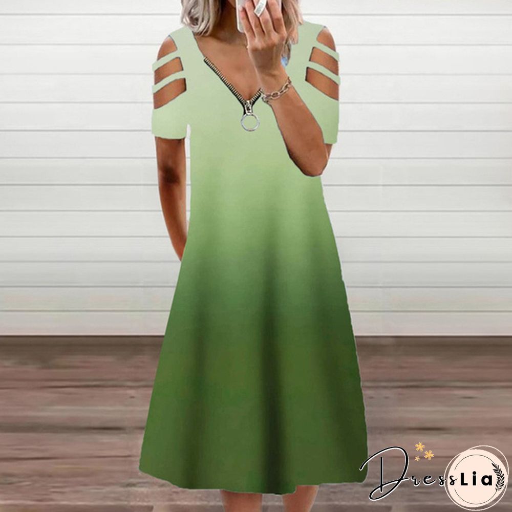 Xs-5Xl Summer New Casual Short-Sleeved Zipper V-Neck Dress Women's Loose Plus Size Dress Fashion Long Skirt