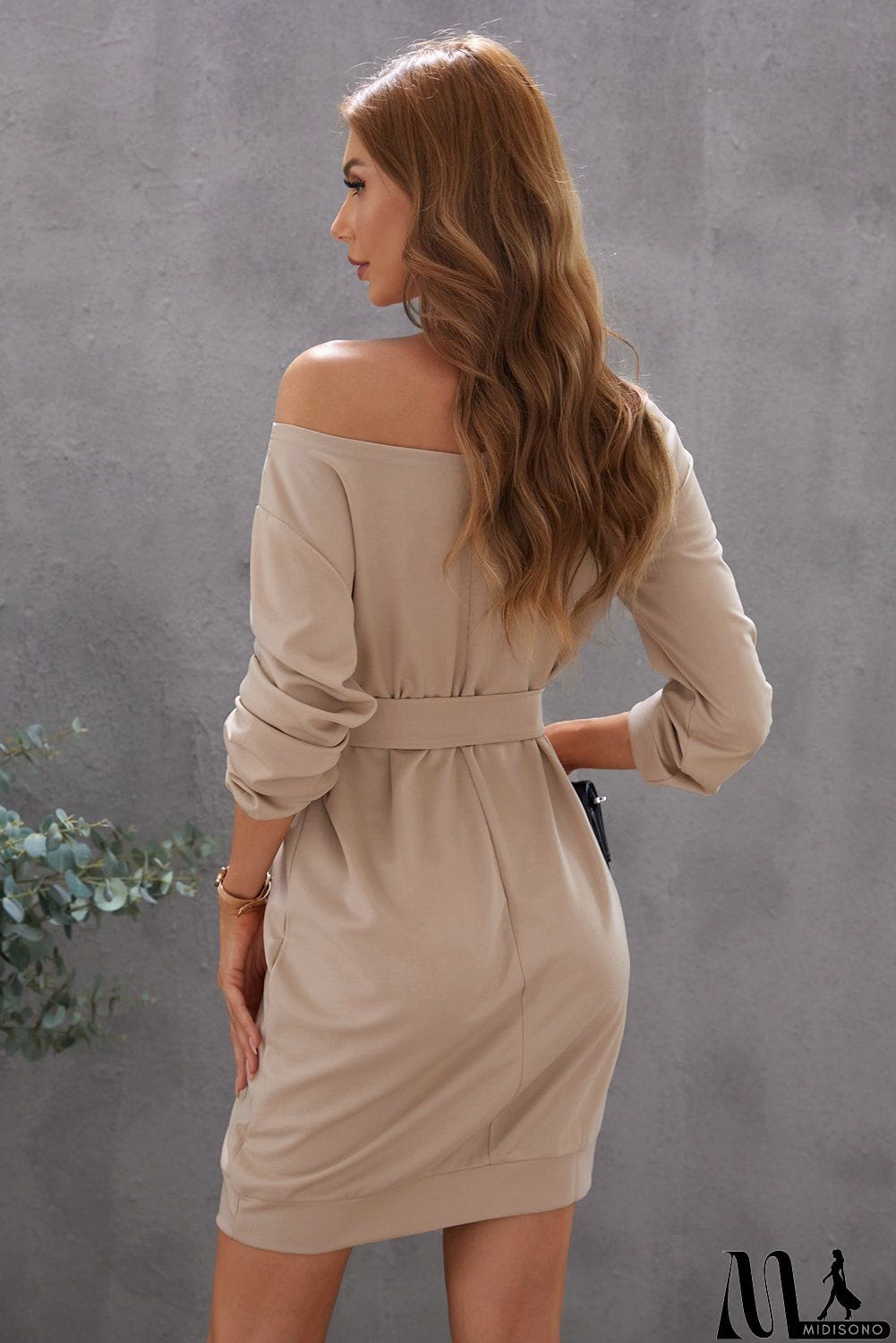 MidiSono - Khaki Crewneck Long Sleeve Belted Casual Mini Dress