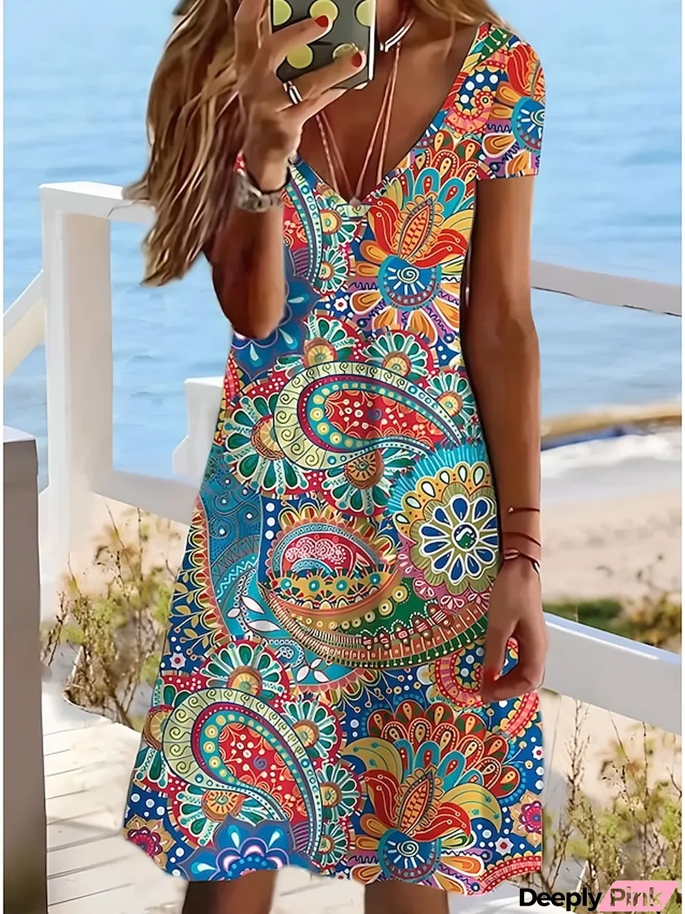 Women's Casual Dress T Shirt Dress Tee Dress Ethnic Dress Mini Dress Red Dusty Blue Rainbow Short Sleeve Floral Print Summer Spring Deep V Vacation S M L XL 2XL 3XL