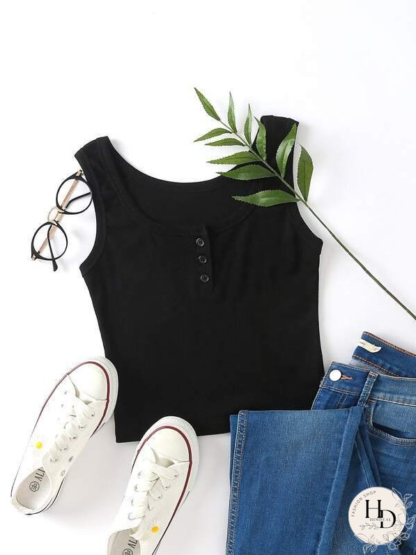 Button Detail Scoop Neck Tank Top
