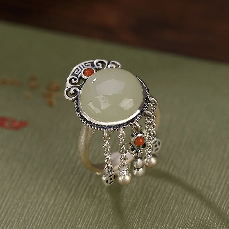 S925 Silver Hetian Jade Retro Tassel Ring
