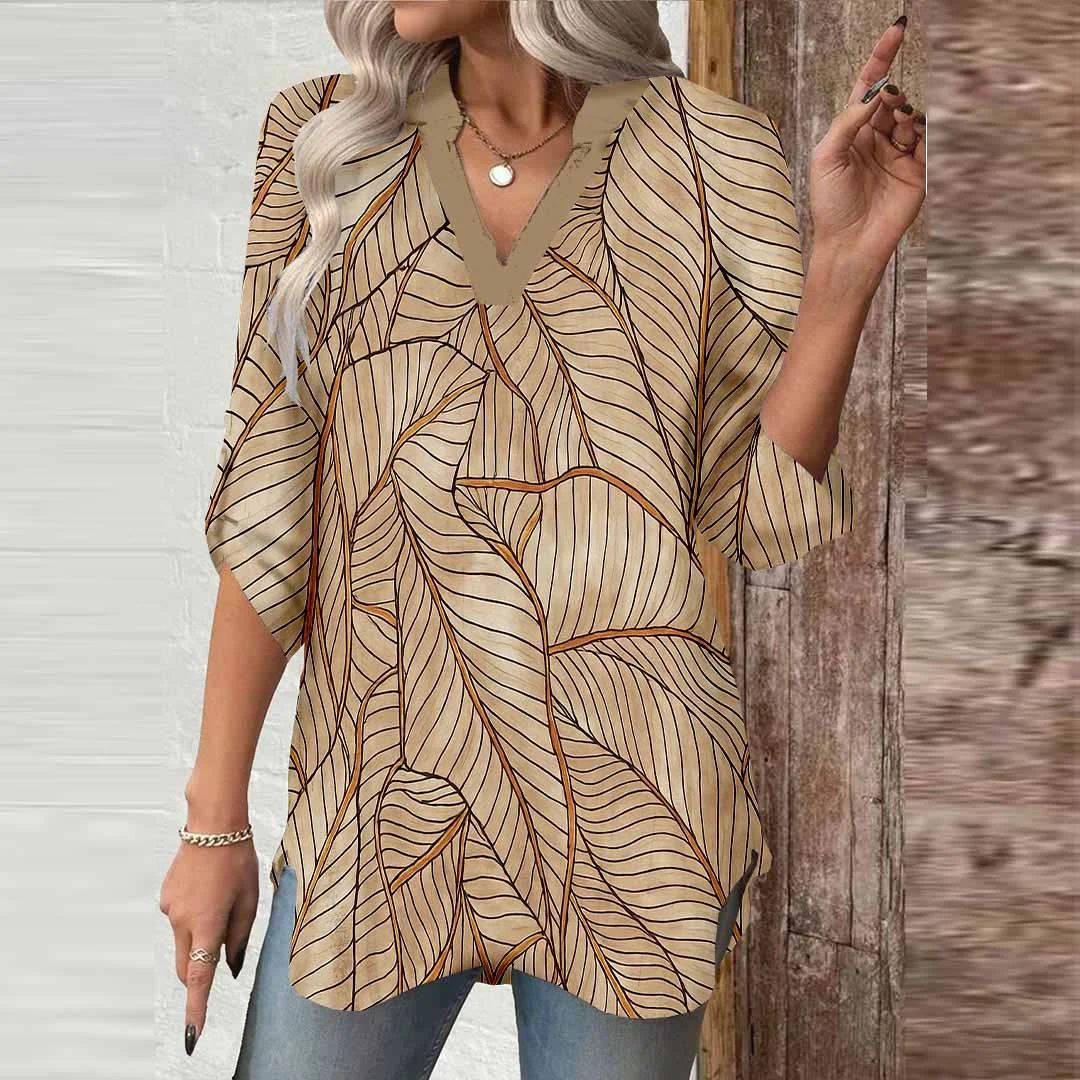 Women Tropical, Leaves, Brown DZGA0112 3/4 Sleeve V-neck Printed Graphic Button Tops