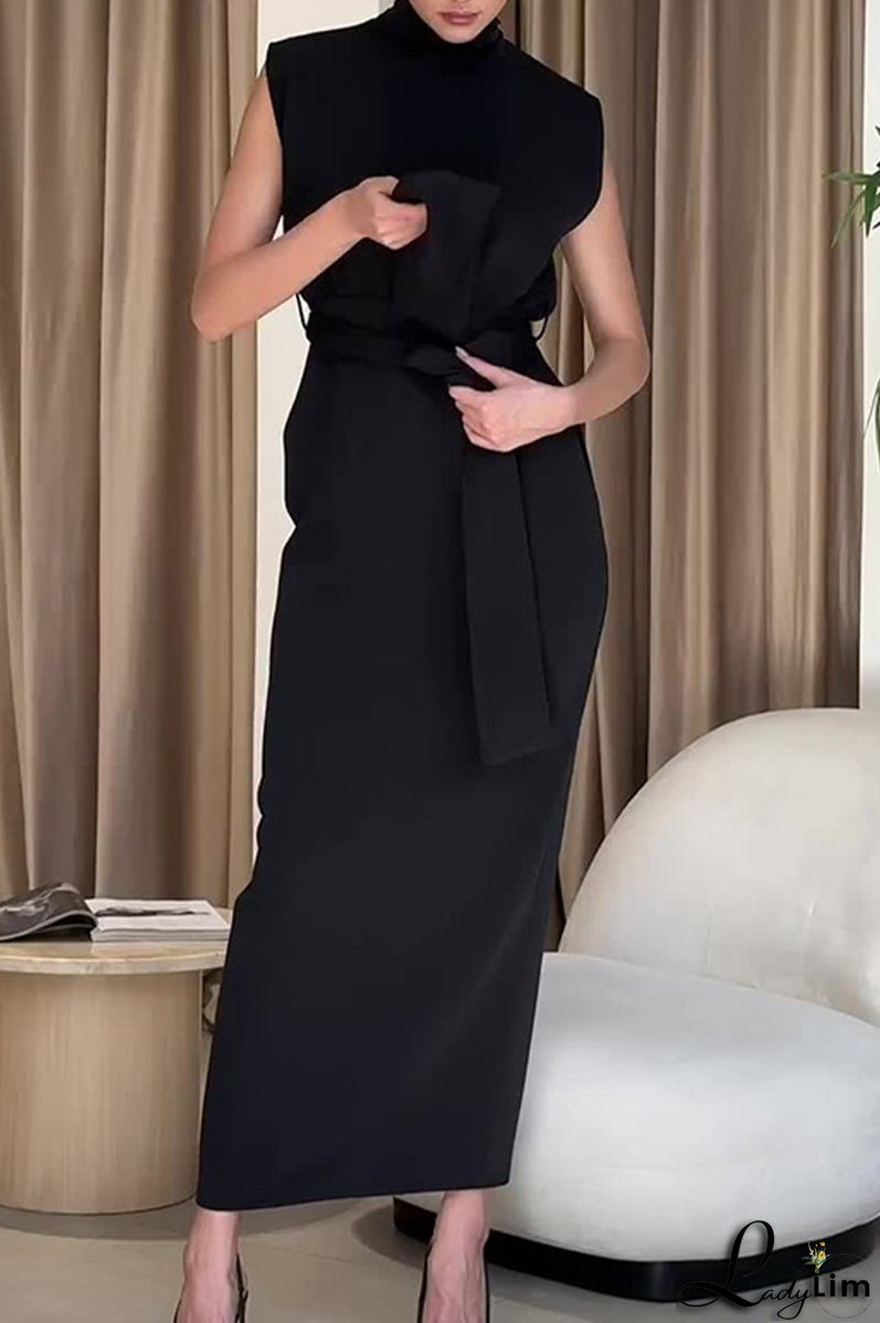 Elegant Solid Slit With Belt Half A Turtleneck One Step Skirt Dresses