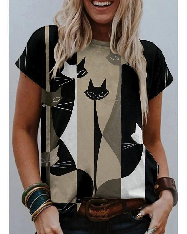 Women's T shirt Cat Graphic Print Round Neck Tops Basic Basic Top Black - VSMEE