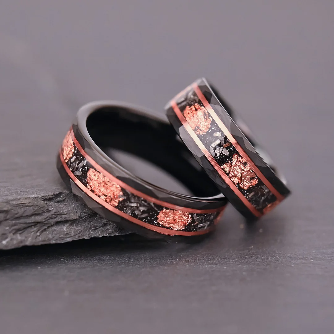 8MM Black Electro-black Hammered Tungsten Carbide Rings Imitation Meteorite Rose Foil Setting Tungsten Wedding Bands For Women and Men