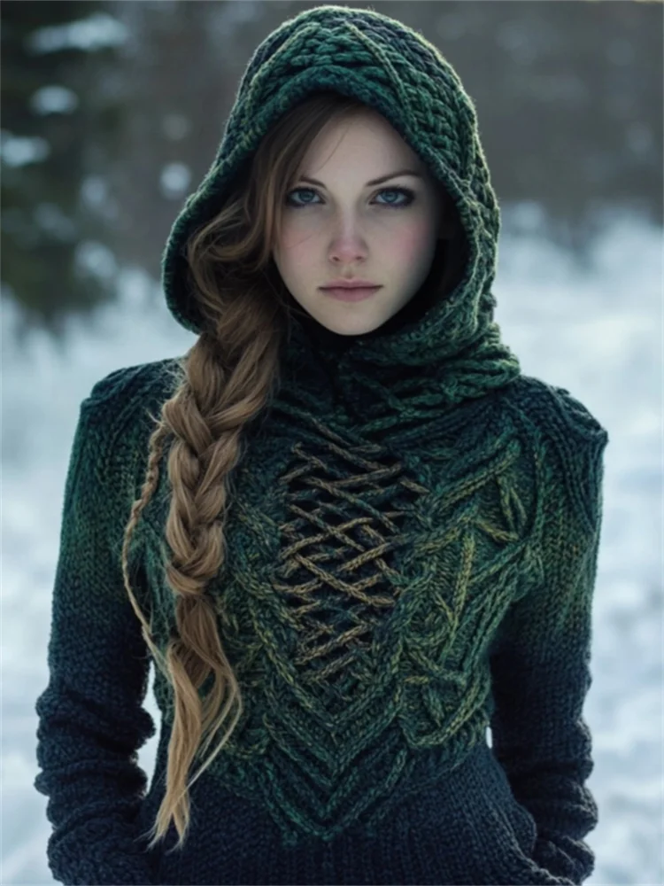VChics Vintage Celtic Forest Elf Gradient Cozy Hooded Sweater