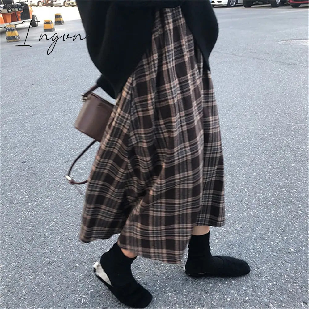 Ingvn - Japanese Rainbow High Waist A-Line Wool Plaid Skirt Female Students Preppy Style Wild Midi