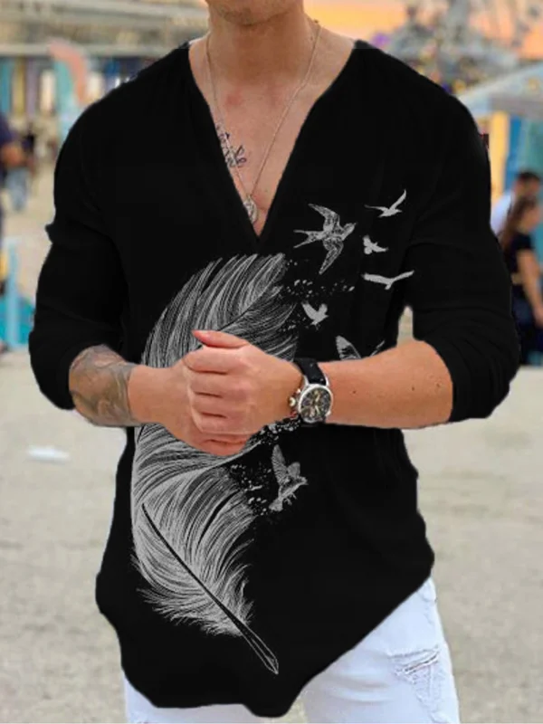 Men's Feather bird casual personality V-neck T-shirt