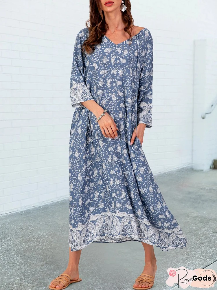 Blue Shift V Neck 3/4 Sleeve Tribal Boho Maxi Dress