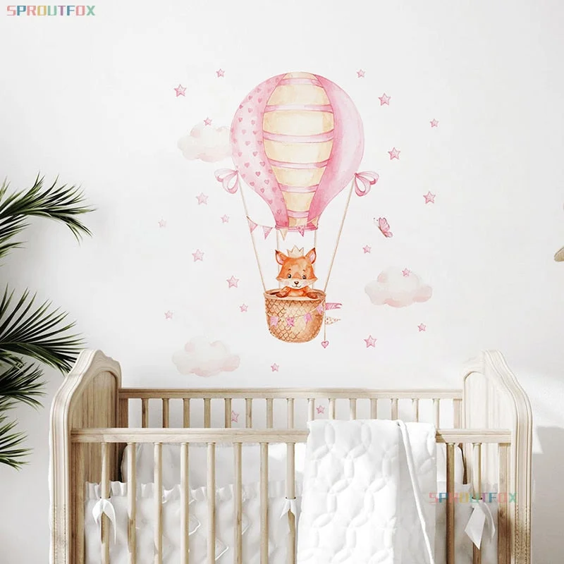 Watercolour Pink Hot Air Balloon Wall Stickers Pink Fox Animals Wall Decals for Baby Nursery Room Girls Bedroom Kids Stickers