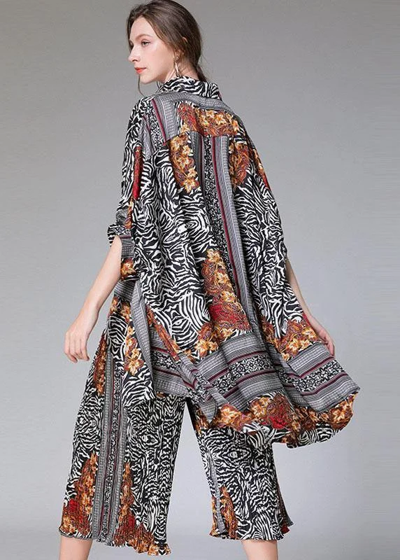 Diy Color Block Zebra Pattern Asymmetrical Design Print Spring Chiffon Two-Piece Set Half Sleeve