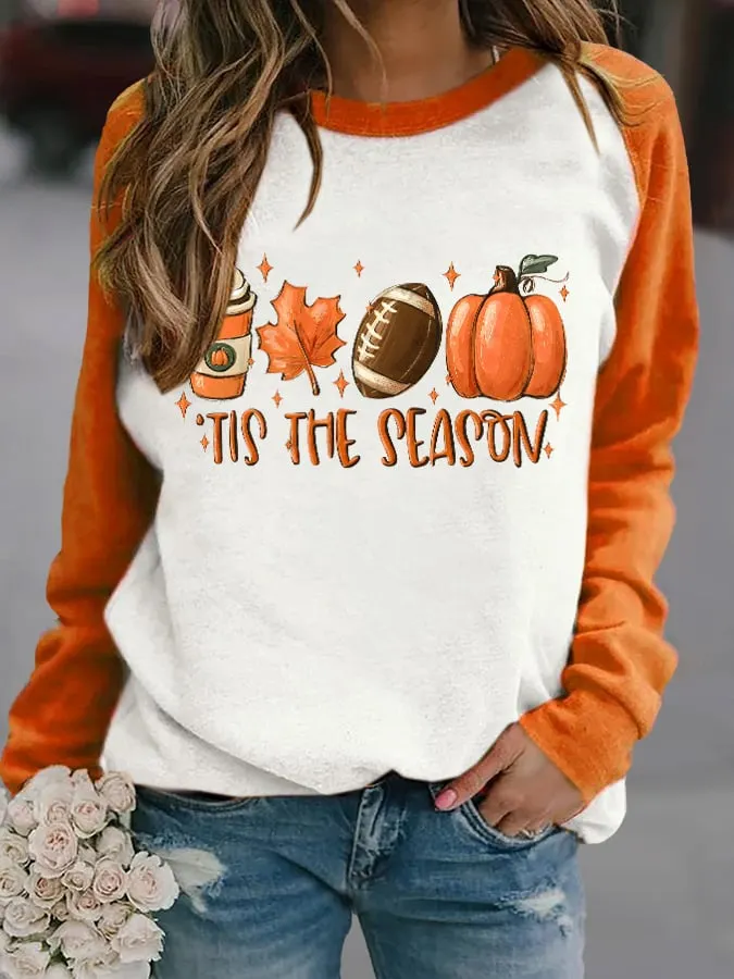 Vintage Football Tis The Season Pumpkin Maple Leaf Print Sweatshirt 