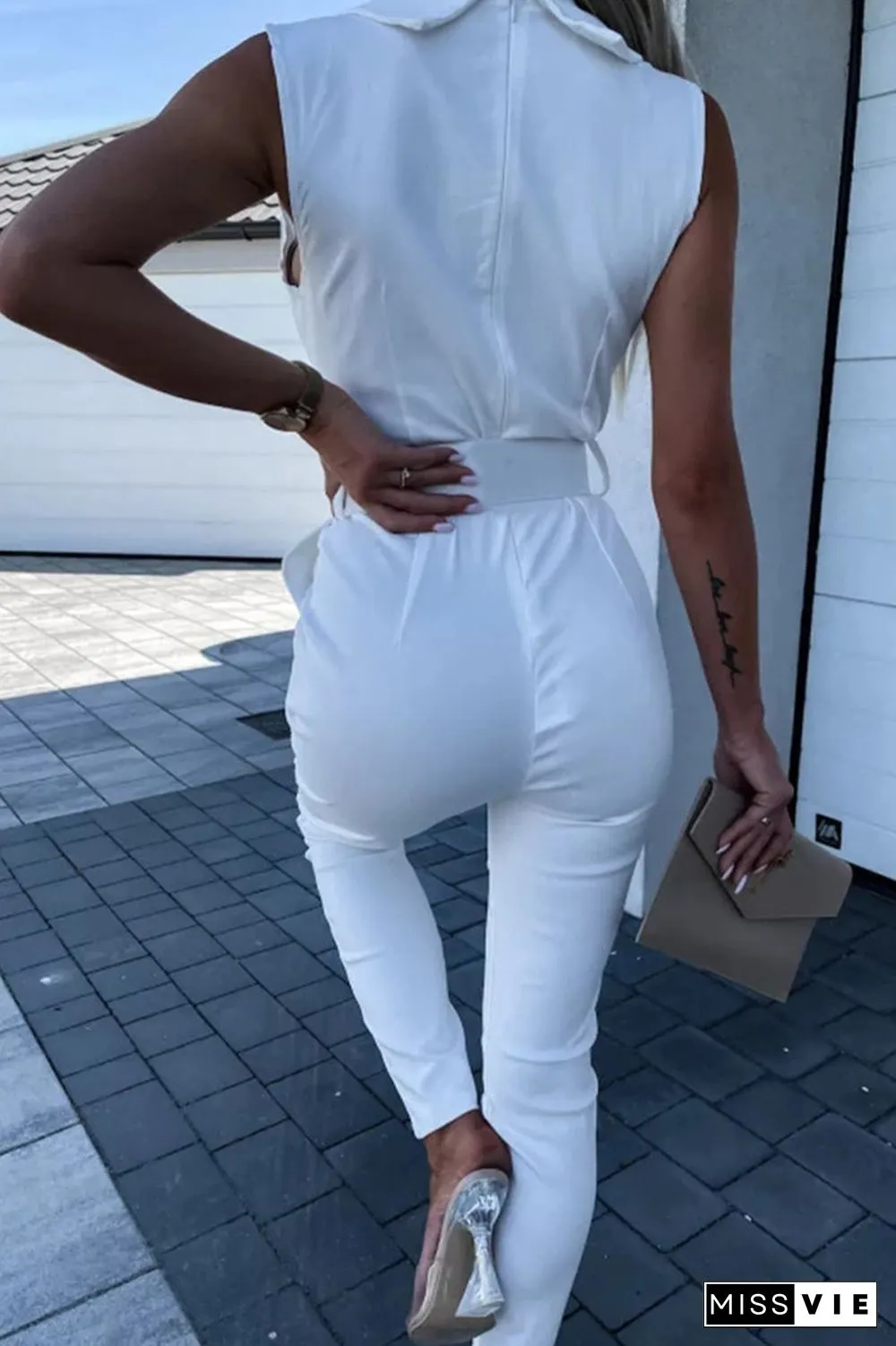 Work Street Solid Patchwork Turndown Collar Regular Jumpsuits