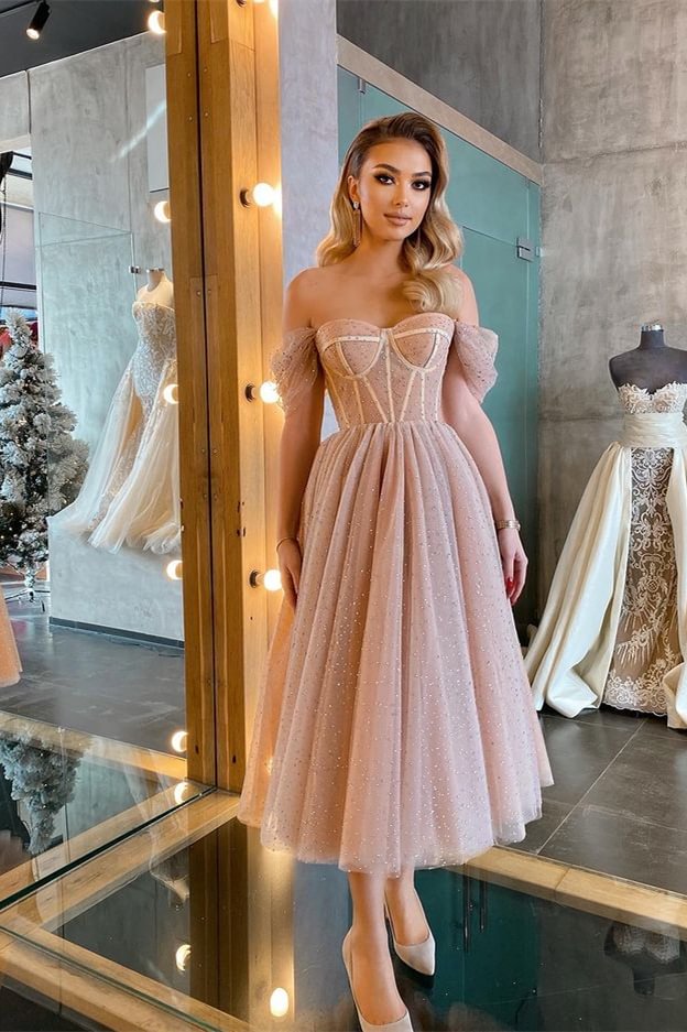 Bellasprom Sequins Beads Princess Prom Dress Tea-Length Off-the-Shoulder
