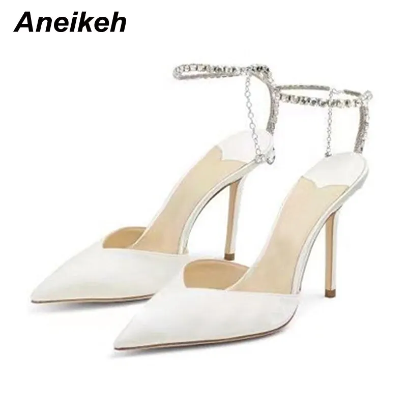 Aneikeh 2021 NEW Summer Silk Ankle Strap Chain Crystal Women's Sandals For Shoes Fashion Shallow Thin Heels Pointed Toe Wedding