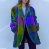Women's Thicken Turn-Down Collar Colors Block Woollen Long Cardigan Coat