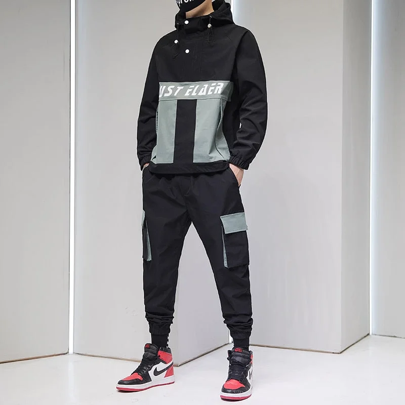 Mens Cargo Pullover Streetwear Hooded Tracksuit 2 Pieces Sets Jackets And Cargo Pants Loose Fitness Pants Hip Hop jacket