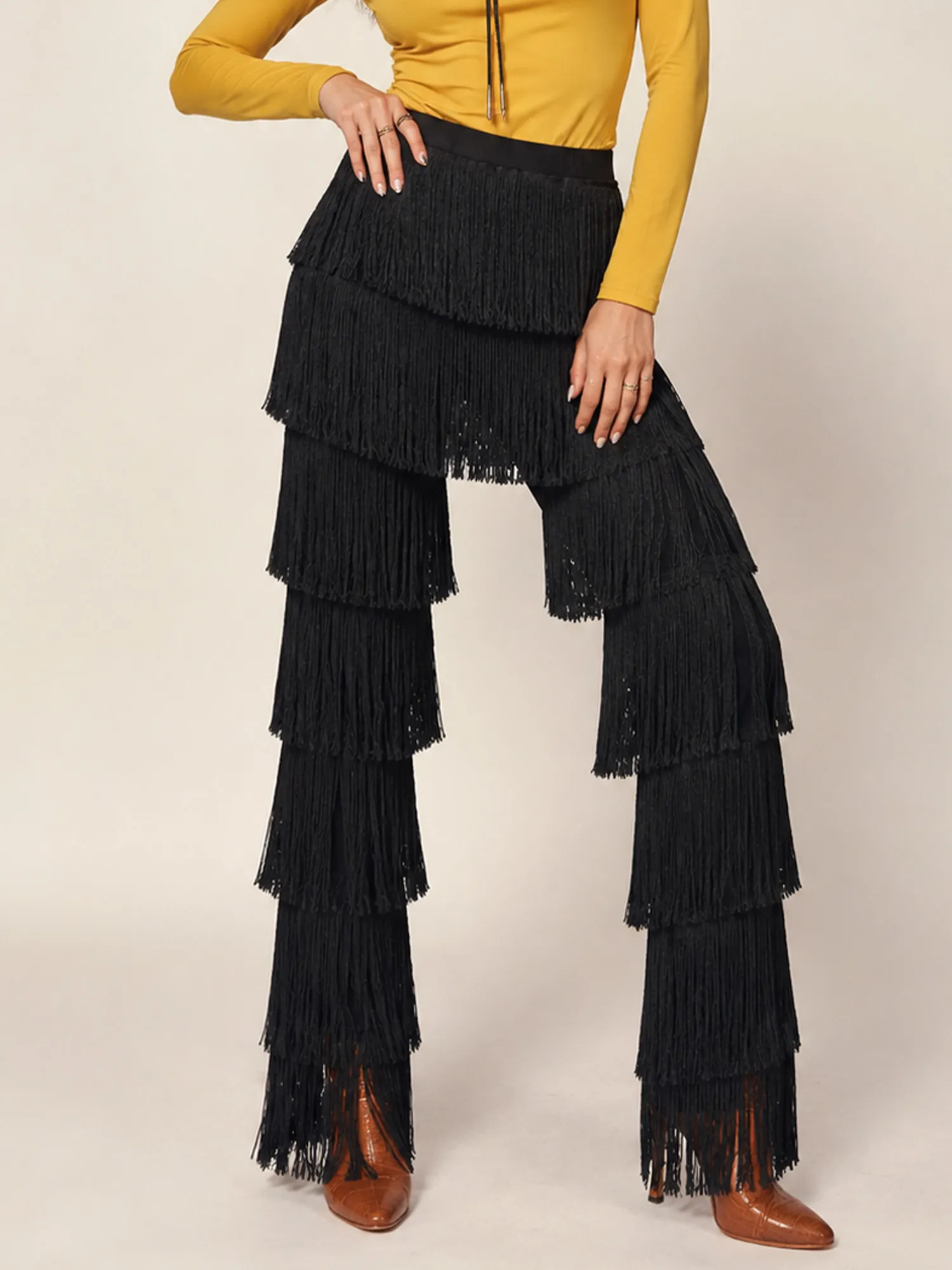 Stylish denim, the perfect choice for a luxurious holiday party &mdash; multi-layered fringed slim-fit soft blend women's fringe trousers.