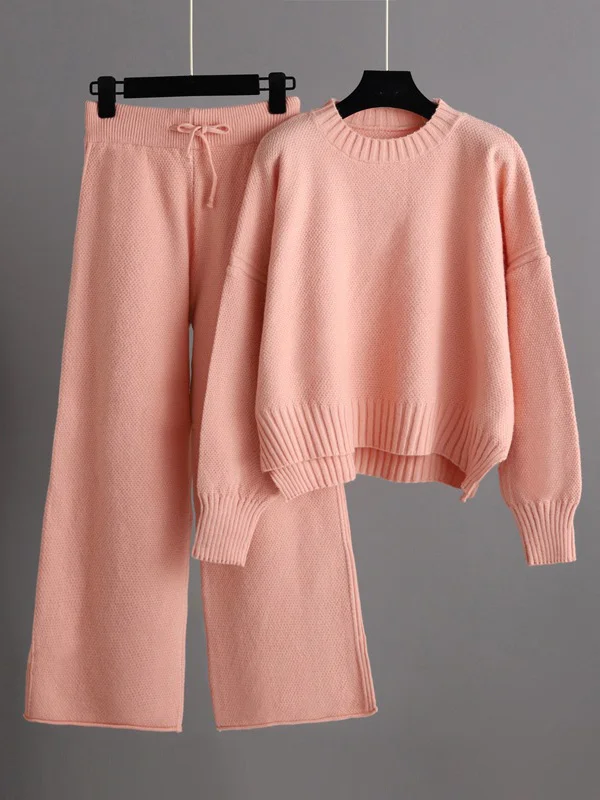 Stylish Roomy High-Low Long Sleeves Pure Color Round-Neck Sweater Tops& Wide Leg Pants Two Pieces Set