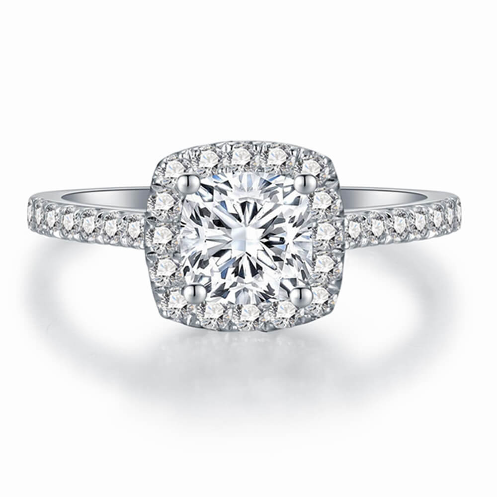 Halo Cushion Cut Engagement Rings for Women White Gold 1 Carat Center Moissanite Engagement Rings Platinum Plated Silver Wedding Anniversary Promise Rings for Women