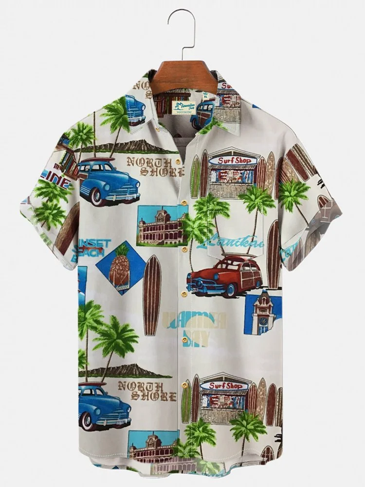 Men's Holiday Vintage Casual Hawaiian Shirts Beach Palms Car Wrinkle Free Plus Size Tops