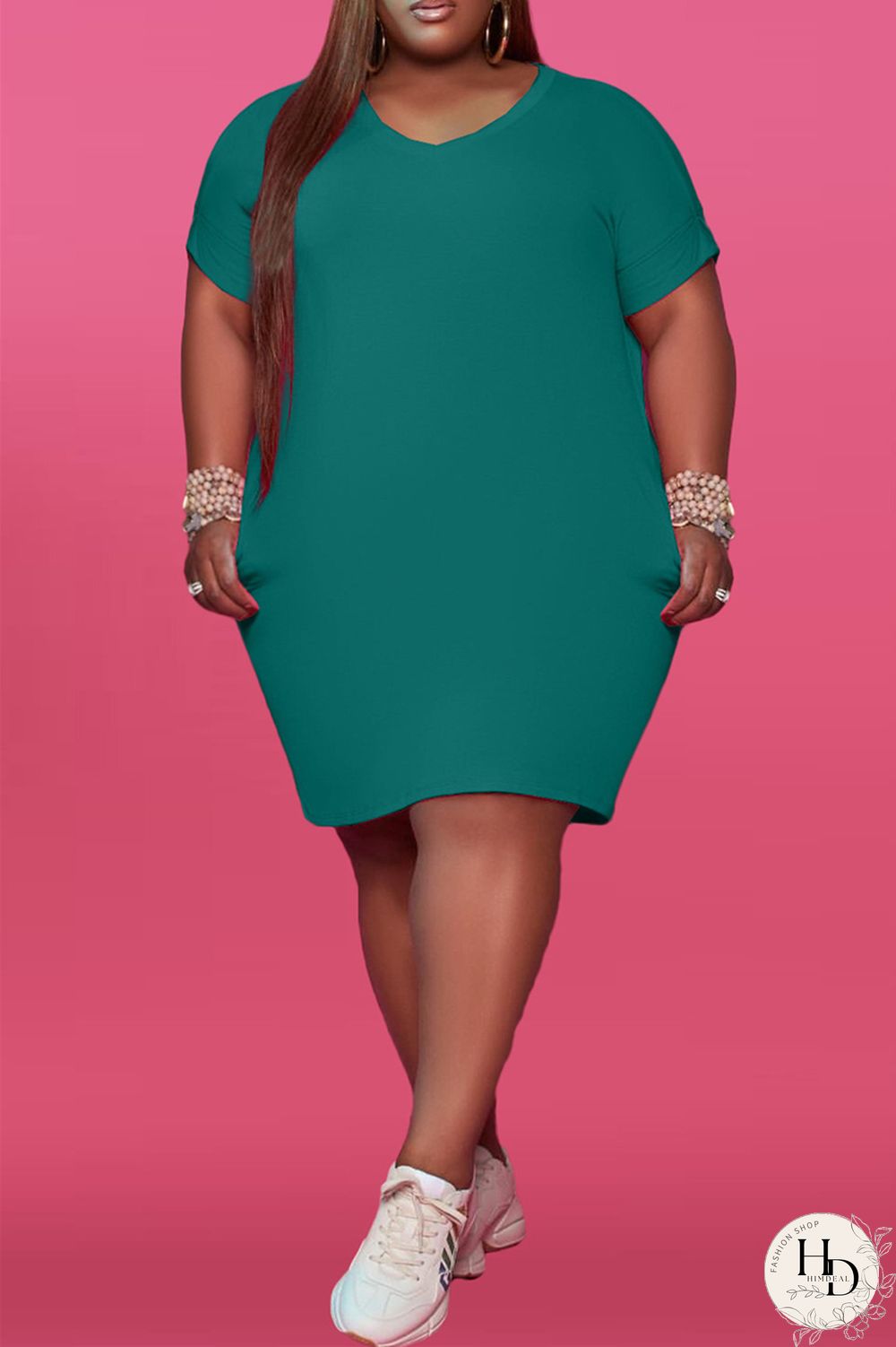 Red Fashion Casual Plus Size Solid Basic V Neck Short Sleeve Dress