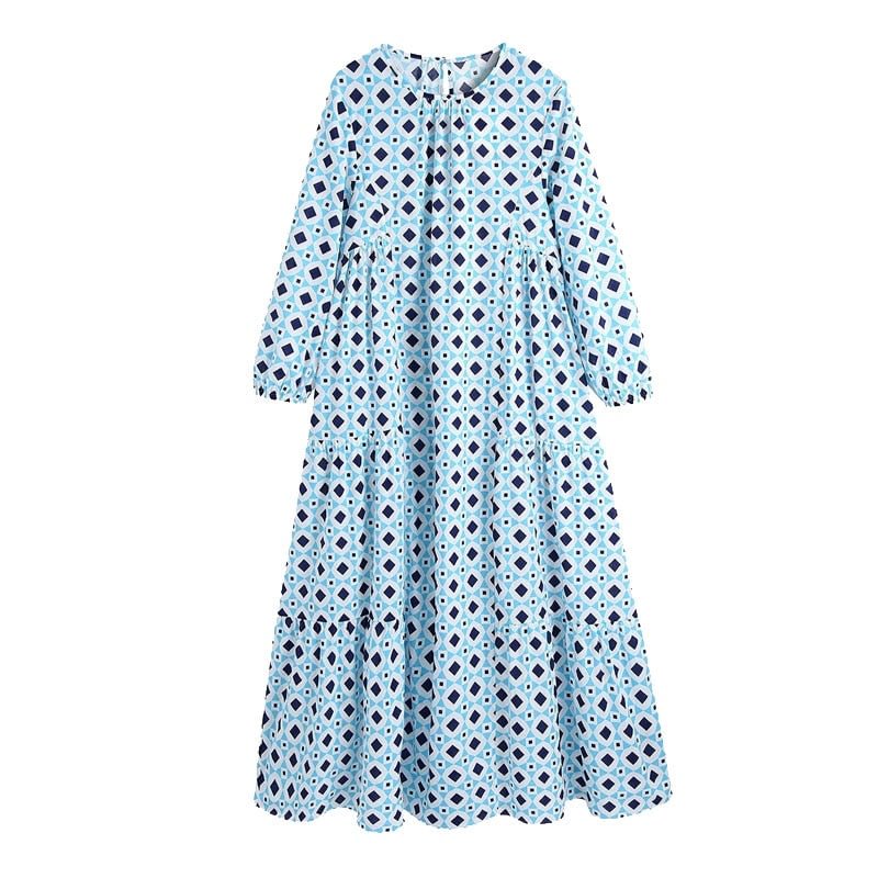 KPYTOMOA Women 2021 Chic Fashion Geometric Print Ruffled Midi Dress Vintage O Neck Long Sleeve Female Dresses Vestidos Mujer