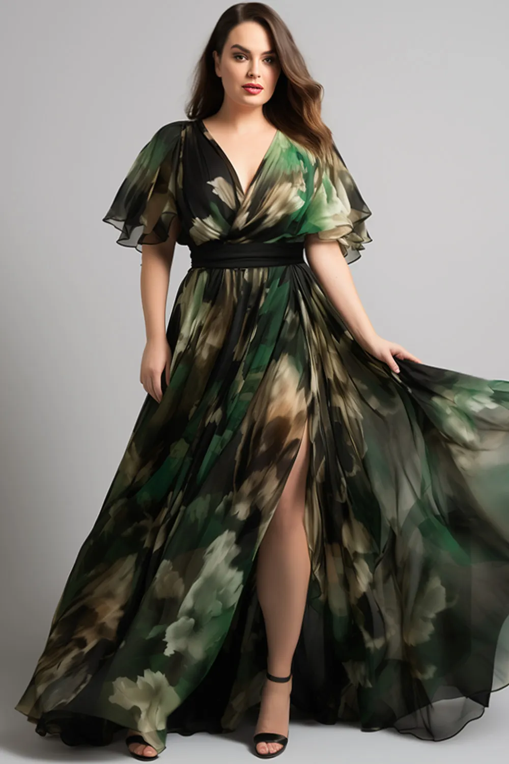 Flycurvy Plus Size Wedding Guest Green Chiffon Wrap Floral Print Flutter  Sleeve Slit Maxi Dress- Flycurvy