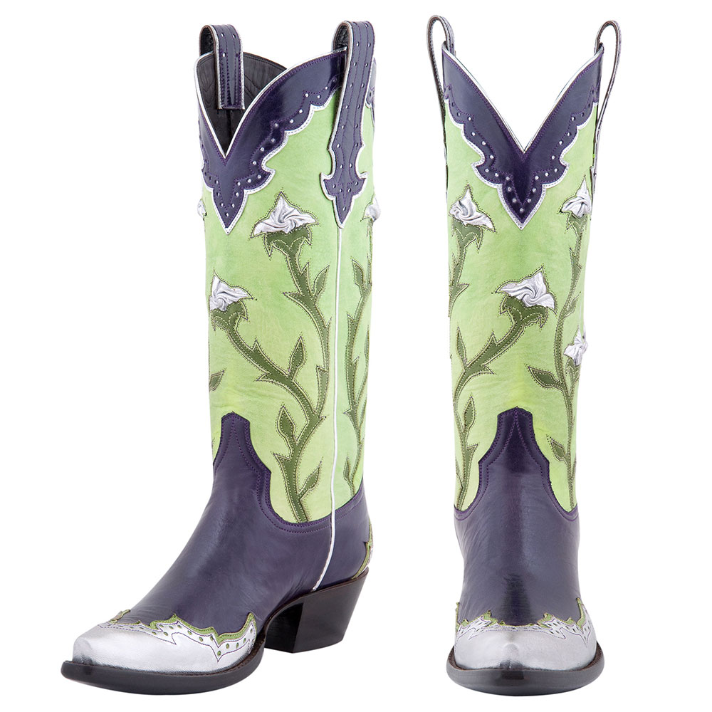 Green & Purple Floral Patchwork Knee-High Cowgirl Boots for Women Nicepairs