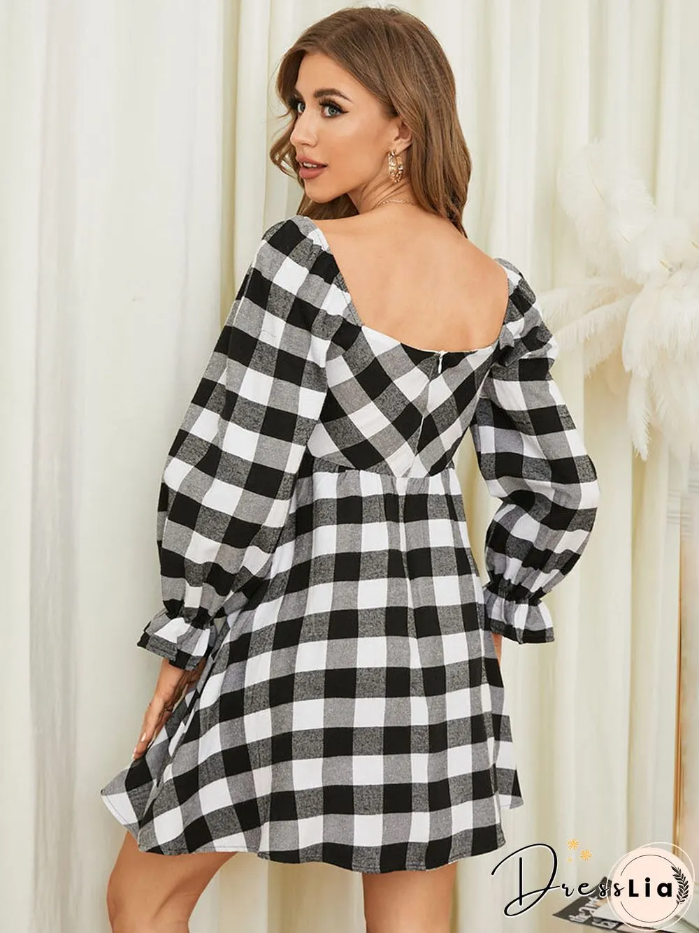 Check Print Square Collar Long Sleeve Dress Women