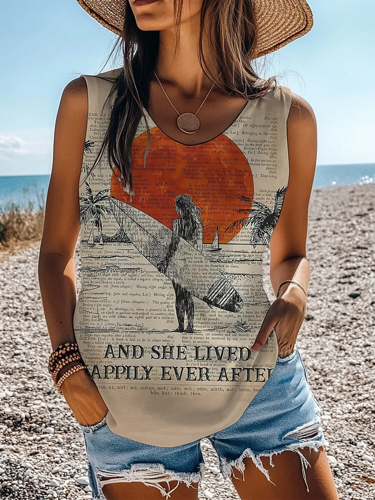 Women's And She Lived Happily Ever After Surfing Art Print Casual Tank Top