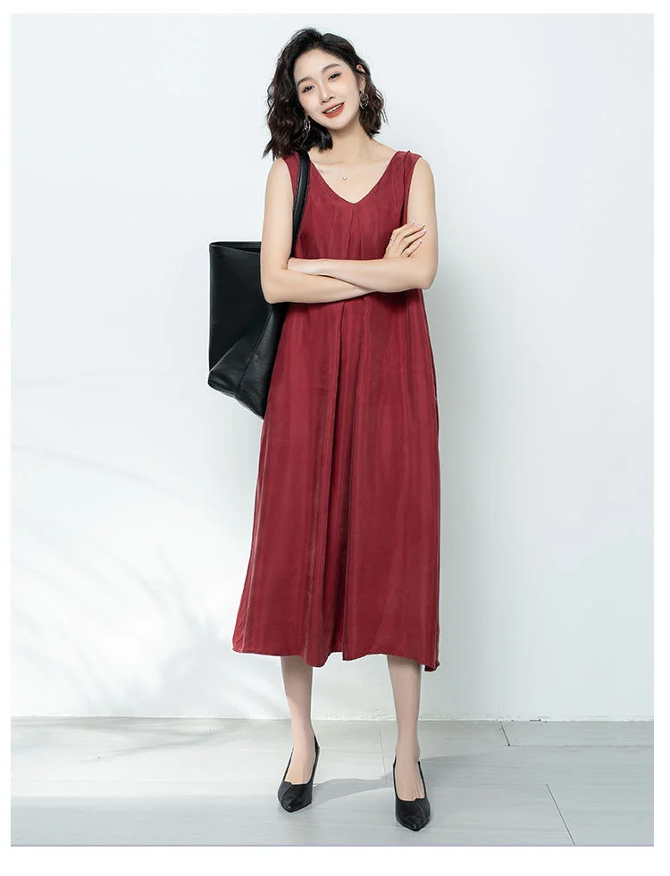 Casual Solid Color Sling Sleeveless Midi Dress