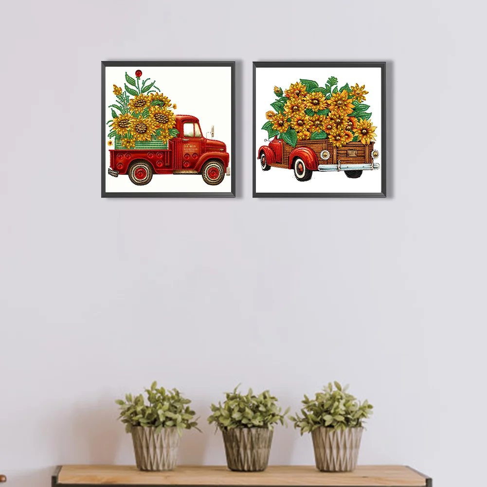 2pcs Special Shape Diamond Painting 30*30cm - Summer Sunflower Classic Car
