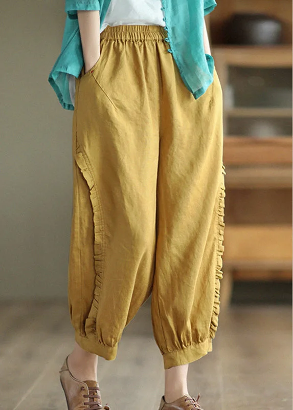 Loose Yellow Patchwork Solid Lantern Pants Summer