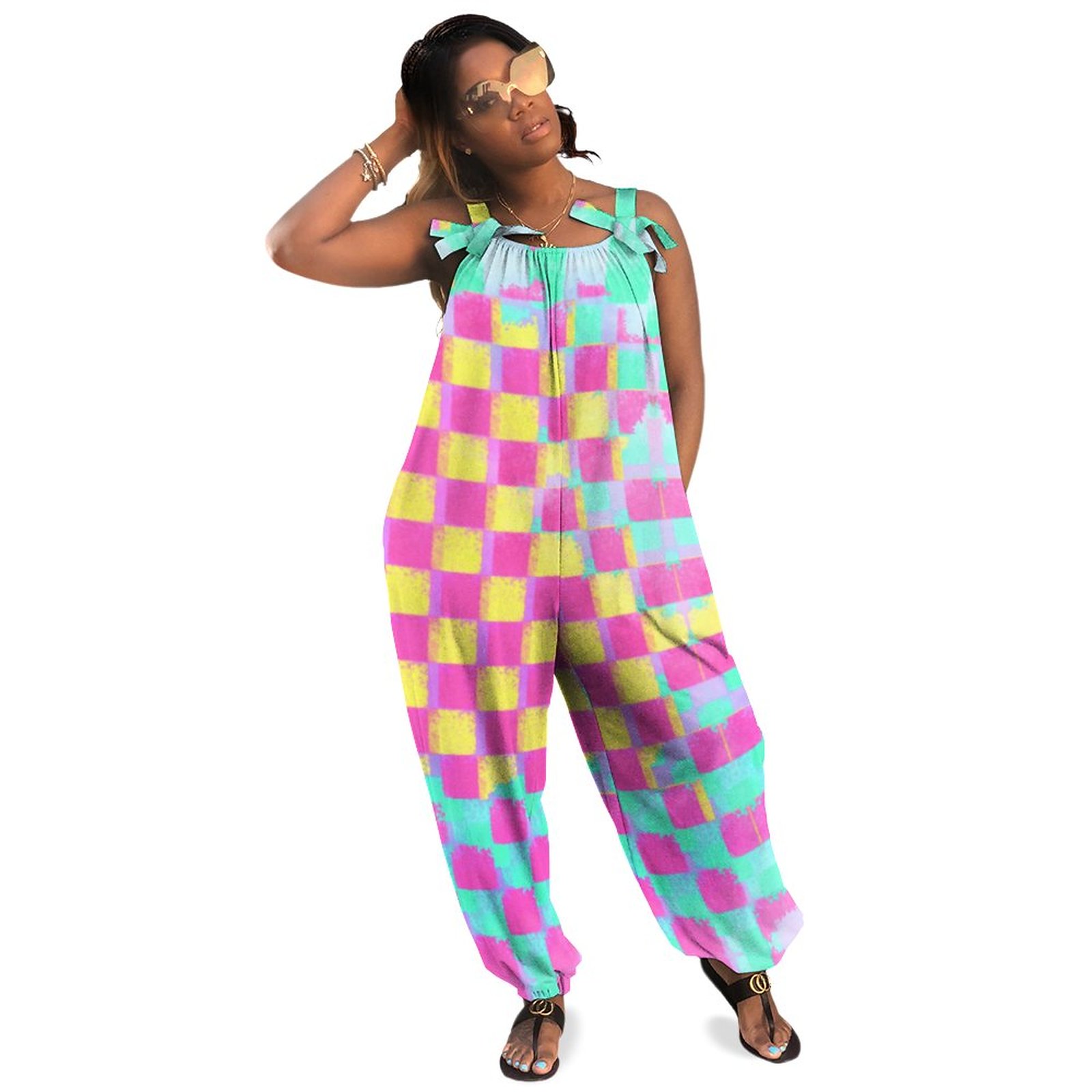 Lemonberry Neo Mint Grungy Checkerboard Pattern Boho Vintage Loose Overall Corset Jumpsuit Without Top