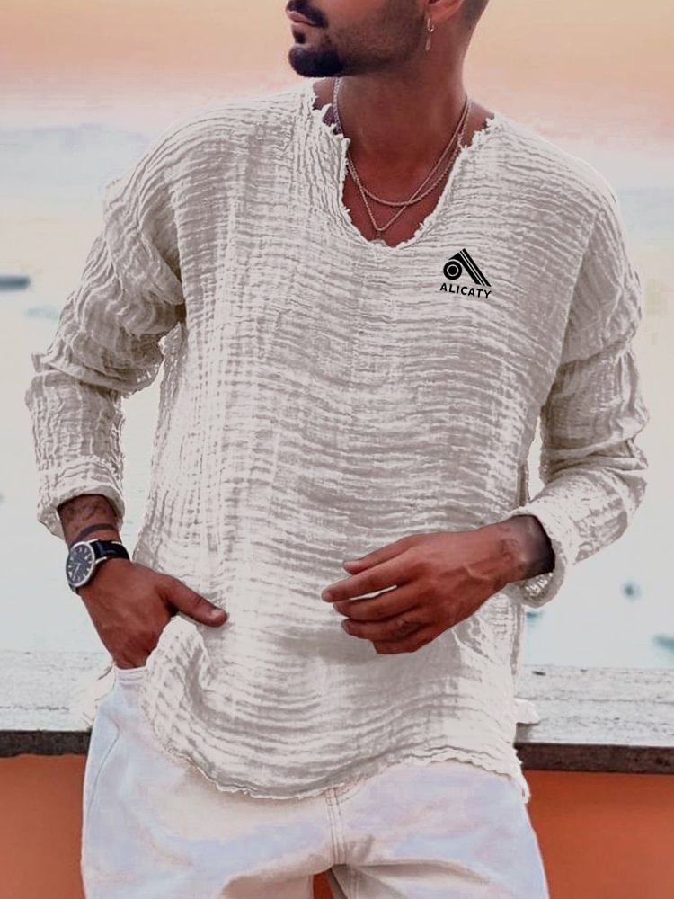 Men's logo embroidered cotton linen long sleeved shirt