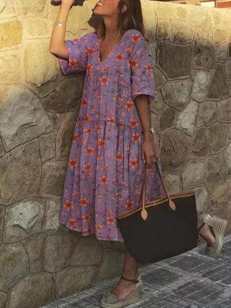 Women Half Sleeve V-neck Solid Color Dress