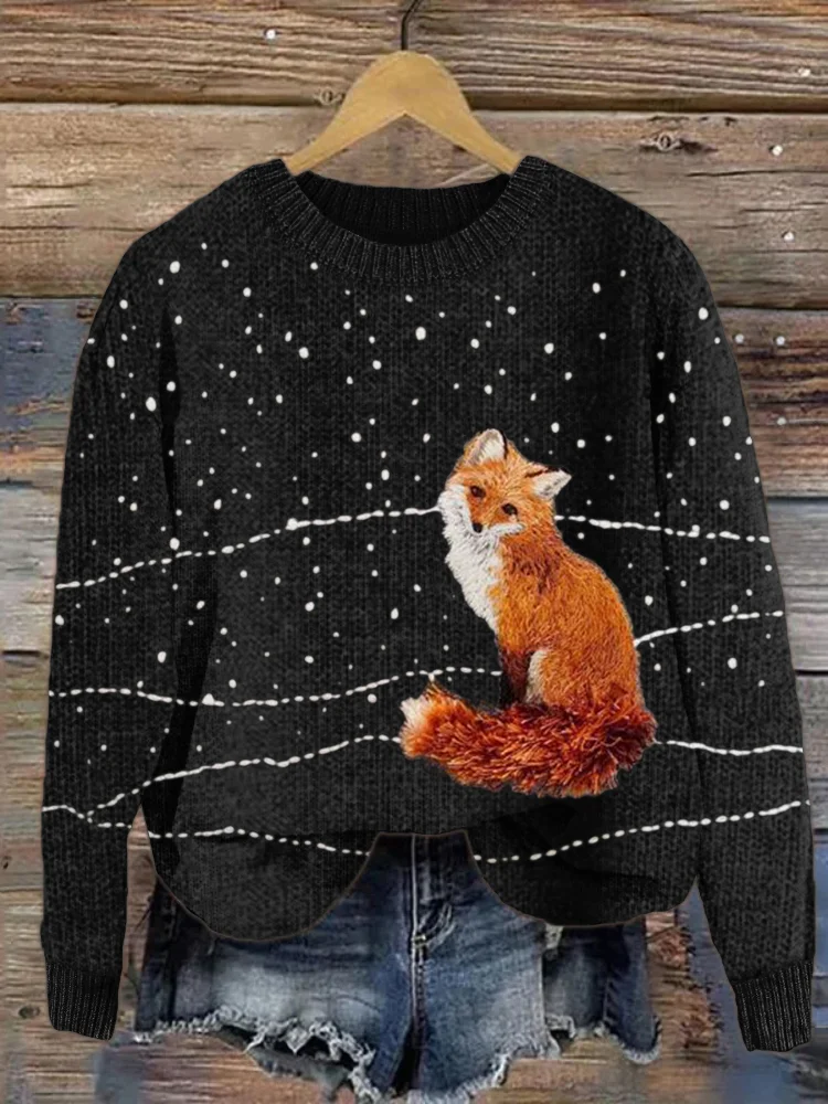 VChics Fuzzy Fox in the Snow Embroidery Cozy Knit Sweater