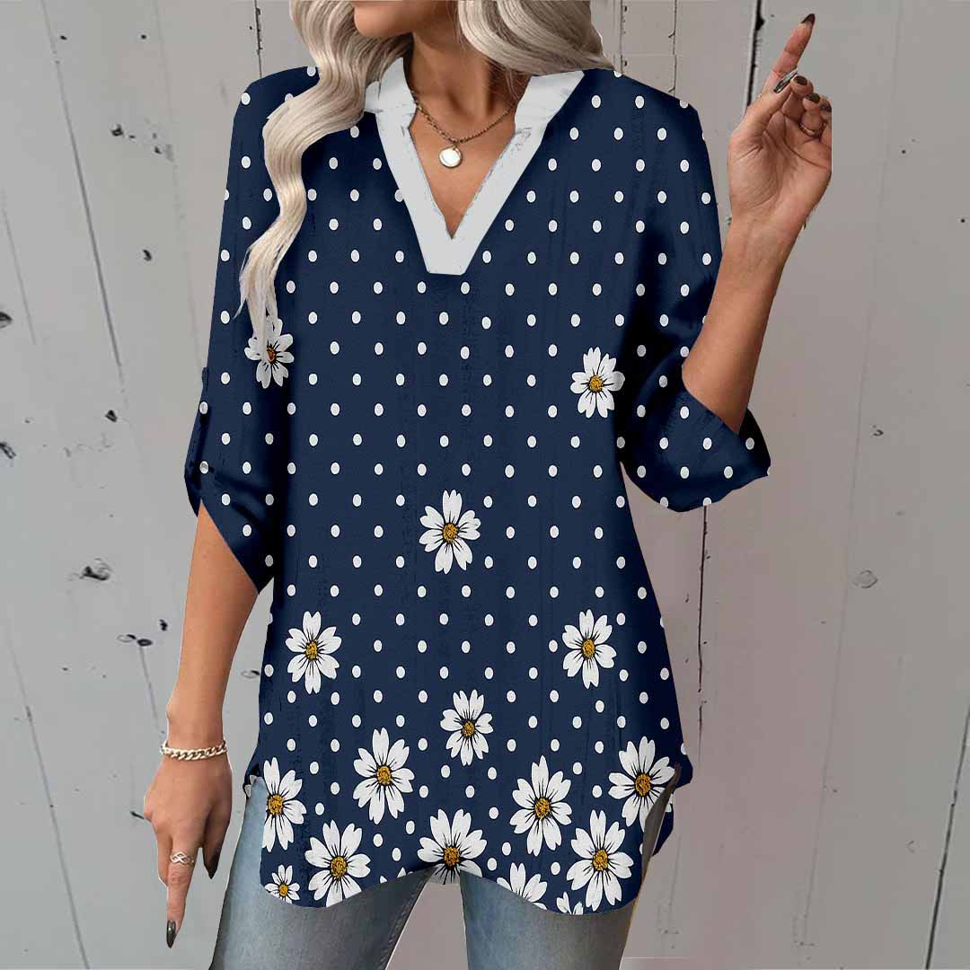 Women Polka-Dot,Floral,Blue DZGA0319 3/4 Sleeve V-neck Printed Graphic Button Tops