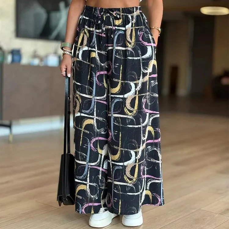 Printed Elastic Waist Wide-leg Pants (with pockets) 