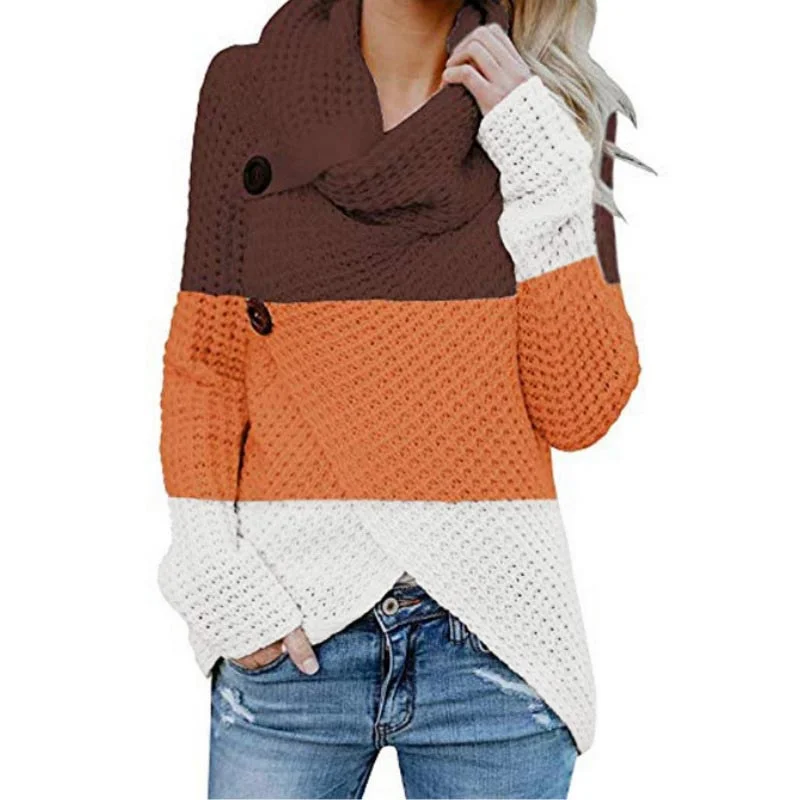 Winter Button Irregular Patchwork Harajuku Sweater Vintage Turtleneck Knitted Sweater Hit Color Pullovers Women Jumper Oversized