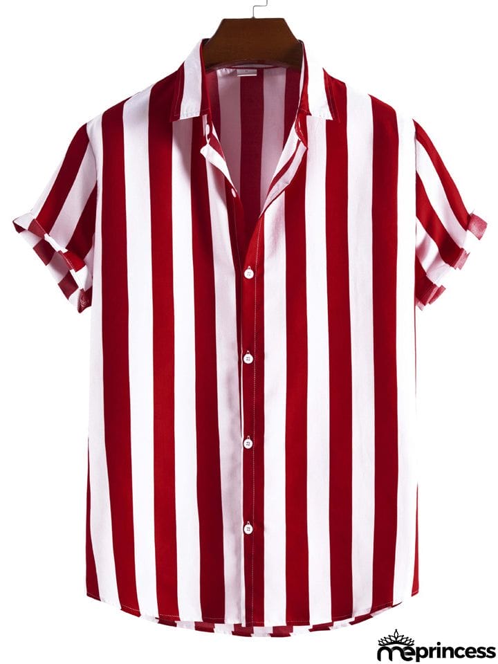 Men's Vertical Striped Button Down Aloha Shirt for Beach