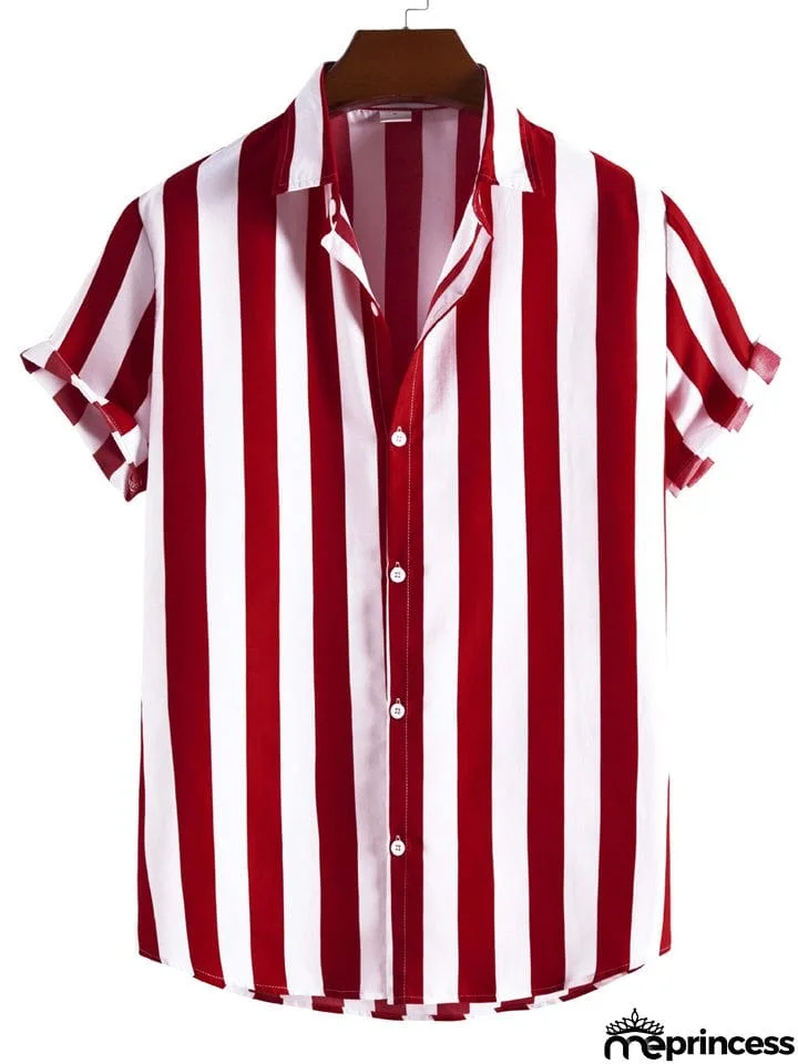 Men's Vertical Striped Button Down Aloha Shirt for Beach