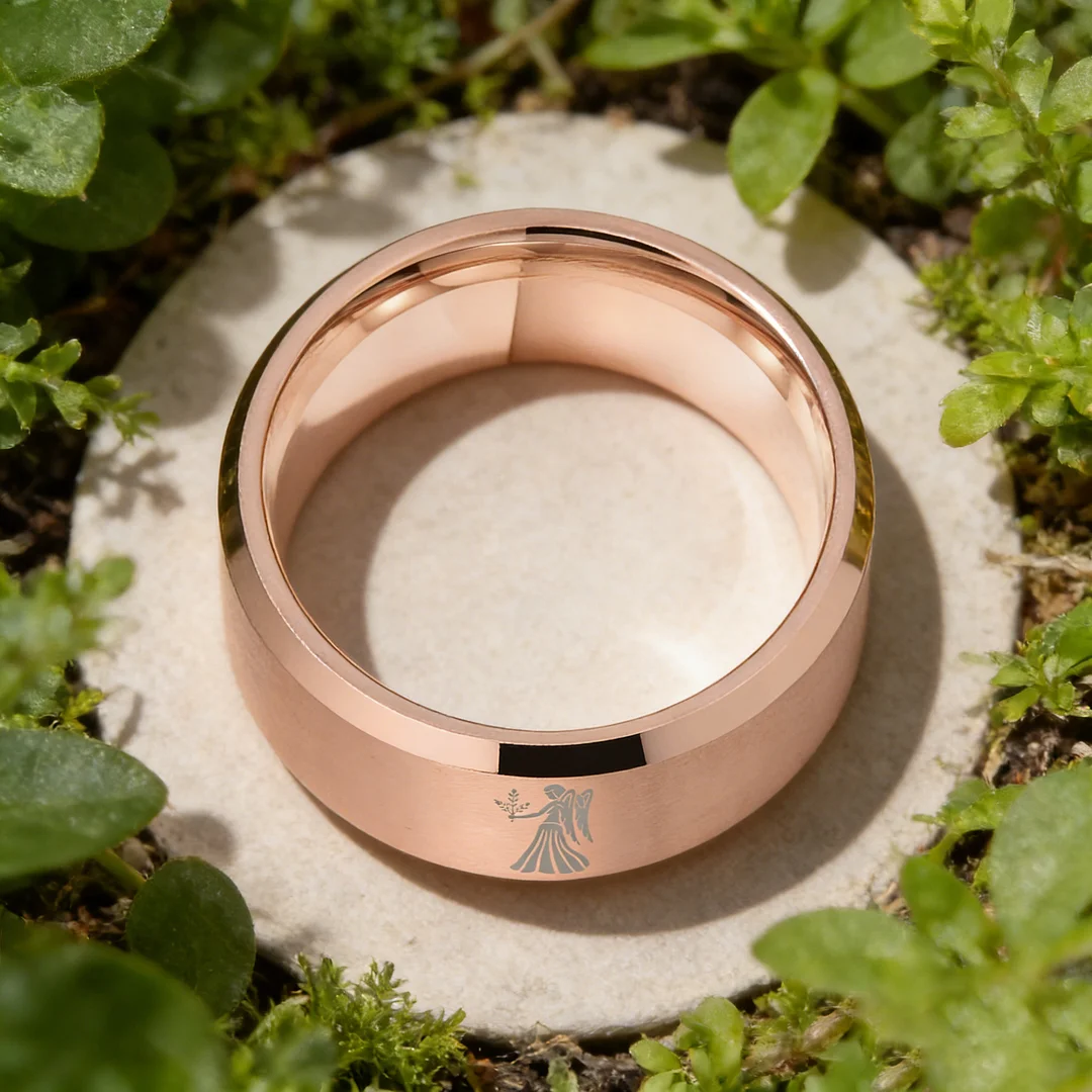 Beveled Edges Rose Gold Laser Etched Tungsten Carbide Rings Rose Gold Virgo Couple Wedding Band 4MM 6MM 8MM Width