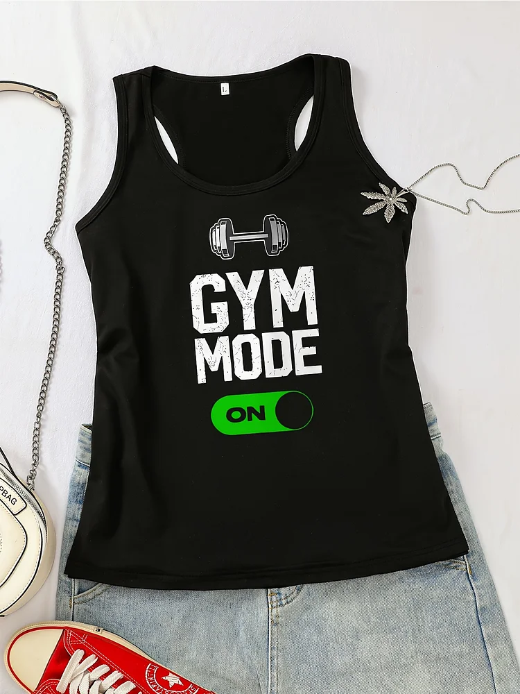 Women's "Gym Mode" Graphic Tank Top - Sleeveless, Casual Athletic Wear For Spring & Summer, Pink With Blue Dumbbell Design, Gym Clothe